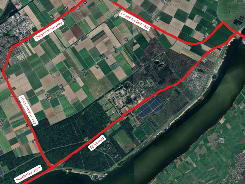 kaartje met gemarkeerde wegen waar verkeersoverlast kan plaatsvinden door Lowlands