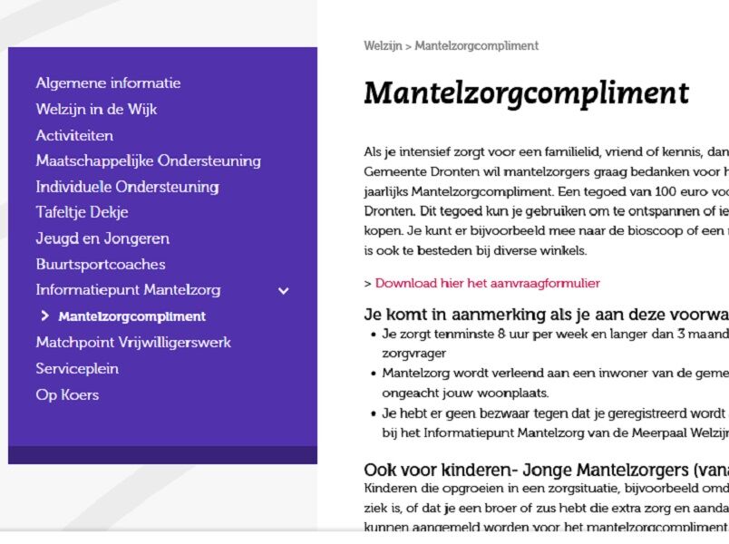 Informatie op de site van De Meerpaal over het aanvragen van het Mantelzorgcompliment. 