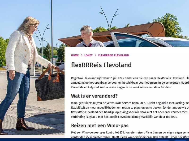 De webpagina van de Regiotaxi.